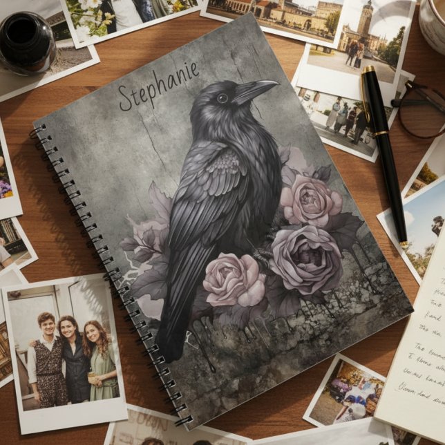 Carnet Gothic Raven Dark Academia Floral (Personalized black raven with roses photo notebook)