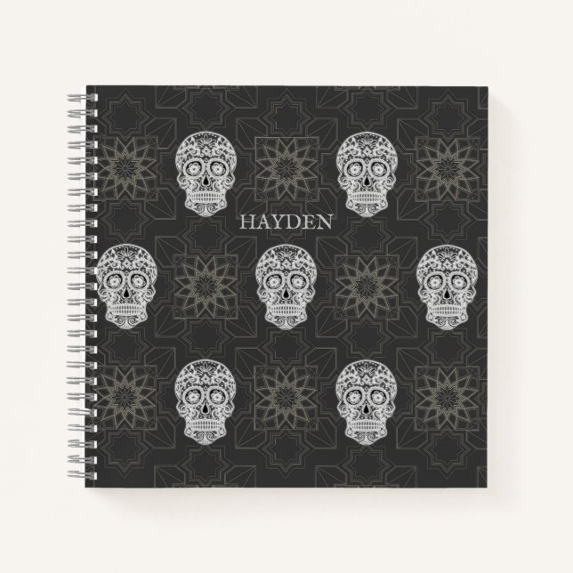 Carnet Gothic Sugar Skull and Grey Geometric Personalised (Devant)