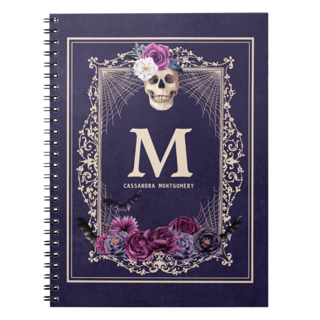 Carnet Gothique Floral Crâne Personnalisé Monogramme et n (Devant)
