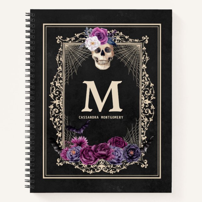 Carnet Gothique Floral Crâne personnalisé Monogramme et n (Devant)