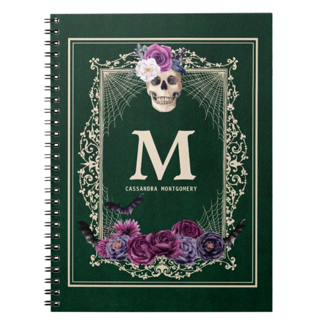Carnet Gothique Floral Crâne personnalisé Monogramme et n (Devant)