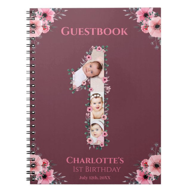 Carnet Grand 1er anniversaire fille photo rose Flower liv (Devant)