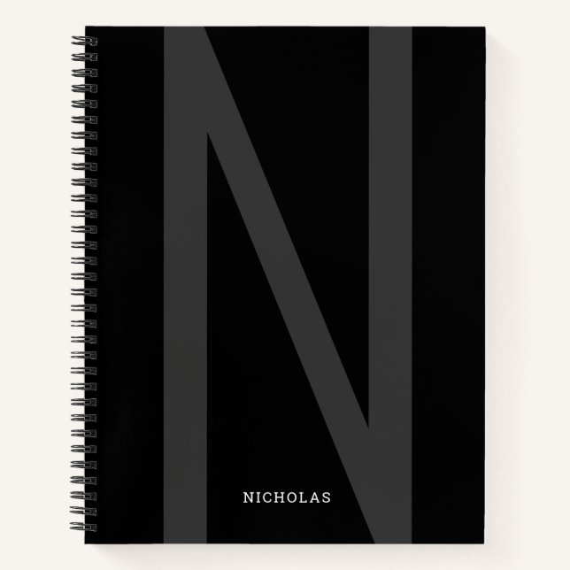 Carnet Grand Nom initial personnalisé moderne Gris Noir (Devant)