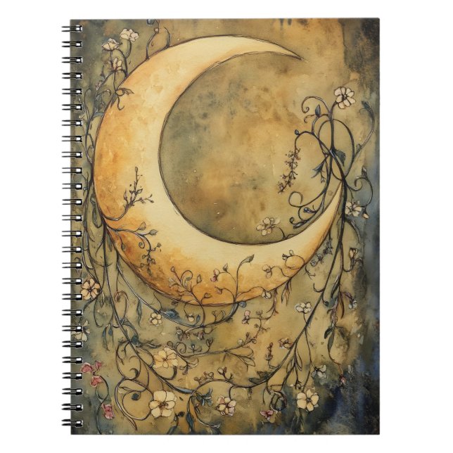 Carnet grande lune croissante entourée de délicates fleur (Devant)