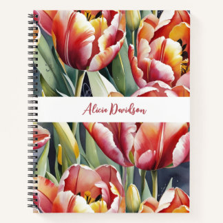 Carnet Grands Tulipes Rouge Jaune Aquarelle | votre nom