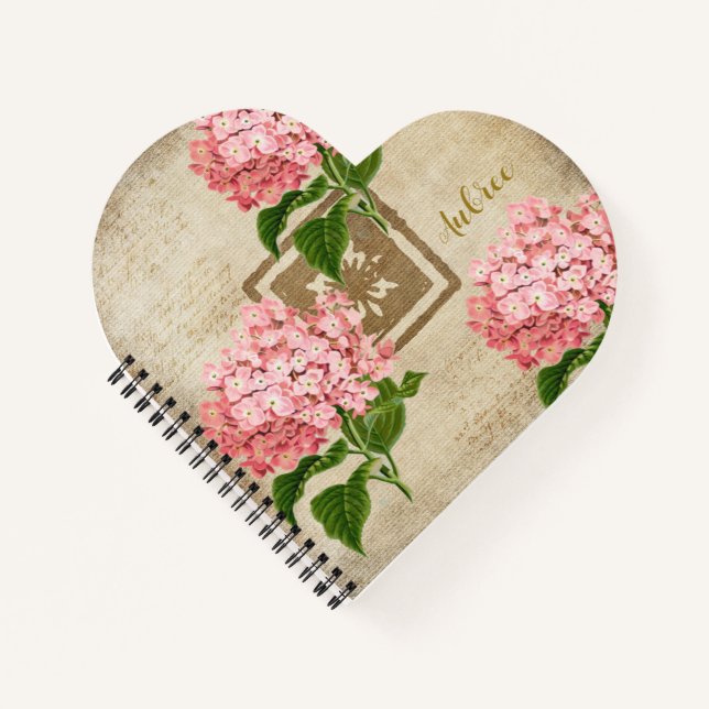 Carnet Grappes d'hortensia roses en forme de cœur (Devant)