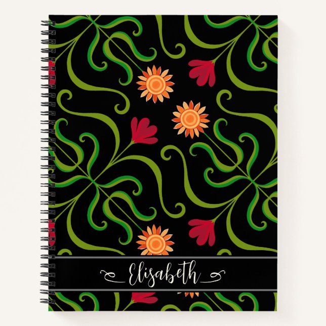 Carnet Gras Floral Damask Sunflower Boho Black Folk Art (Devant)