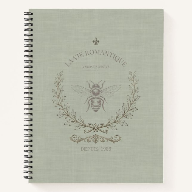 Carnet Gravure de abeille vert sauge | Rustique Campagne  (Devant)