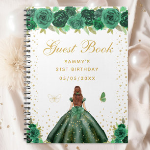 Carnet Green Floral Brown Hair Princess Guest Book