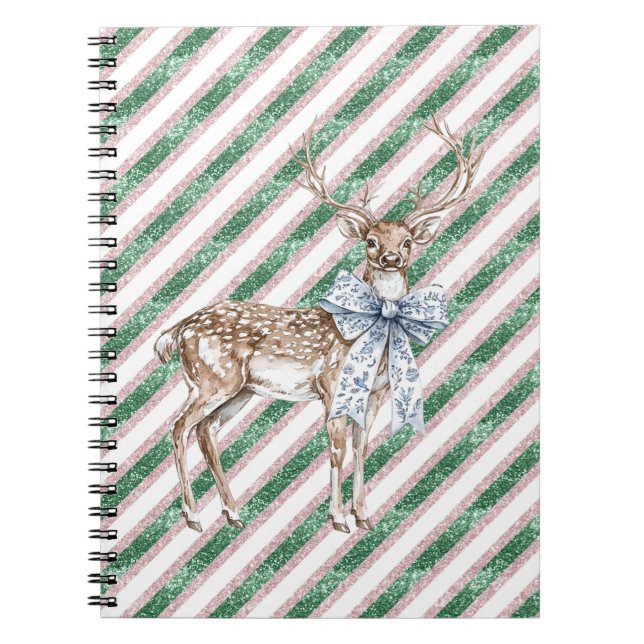 Carnet Green Glitter Stripes Blue White Bow Deer  (Devant)