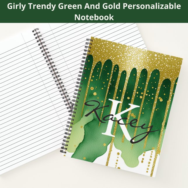 Carnet Green Gold Parties scintillant Girl Monogramme Nom (Créateur téléchargé)