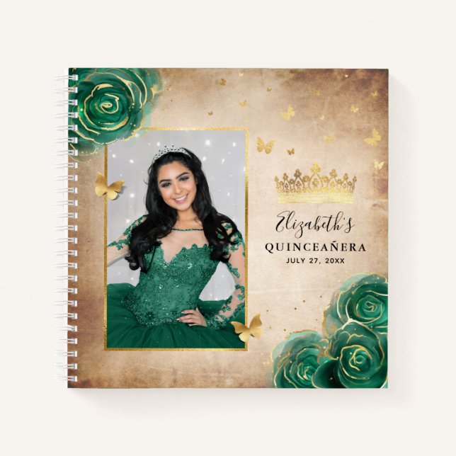Carnet Green Rose Gold Elegant Photo Quinceanera Invité (Devant)