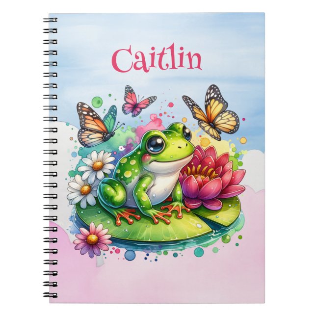 Carnet Grenouille, fleurs et papillons personnalisés (Devant)