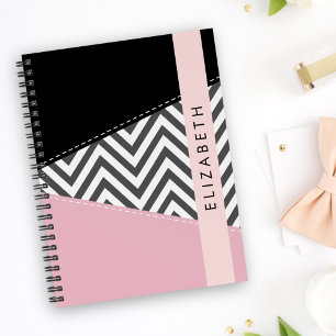 Carnet Grey Zigzag, Grey Chevron, Rose, Votre Nom