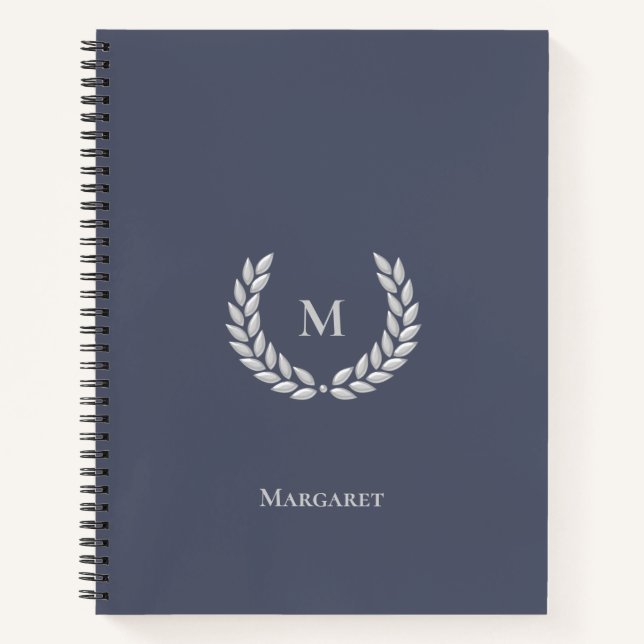 Carnet Gris argent Monogramme & Laurier sur Gris Acier (Devant)