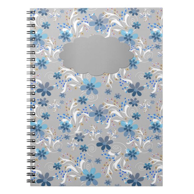 Carnet Gris floral, rétro, gris, bleu, élégant (Devant)