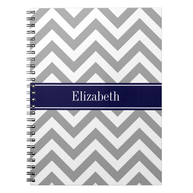 Carnet Gris foncé Lg Chevron Marine Nom bleu Monogramme (Devant)