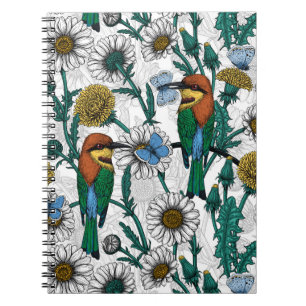 Carnet Guêpiers, papillons bleus et marguerites sur fond
