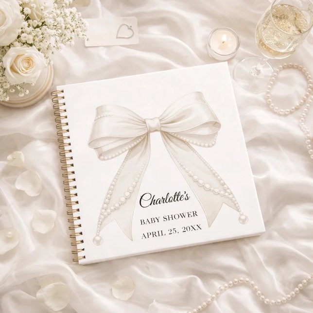 Carnet Guest book Baby Shower bow ivory white pearls (Créateur téléchargé)