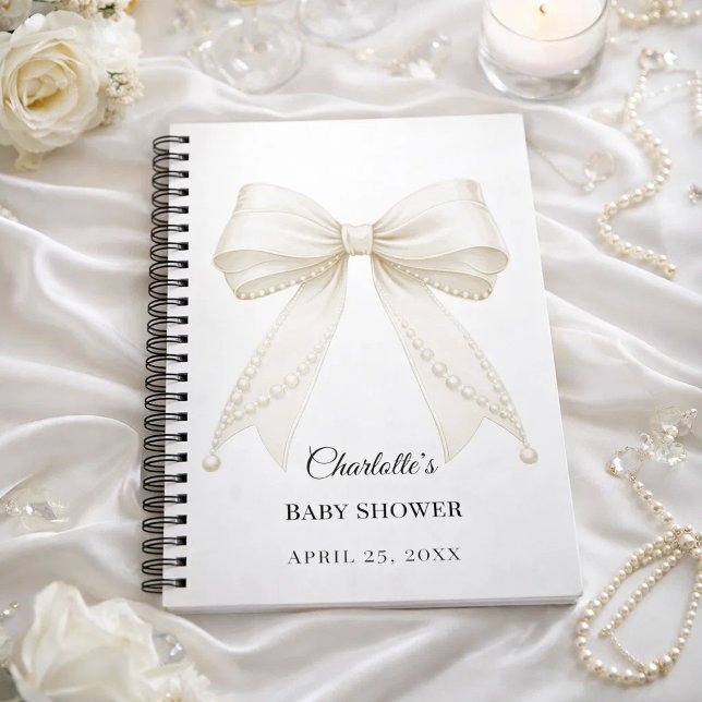 Carnet Guest book Baby Shower bow ivory white pearls (Créateur téléchargé)