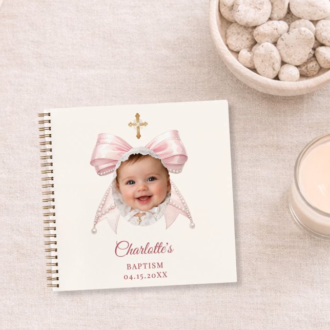 Carnet Guest Book Baptism Pink Bow Ivory Girl Photo (Créateur téléchargé)