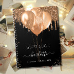Carnet Guest book birthday black gold glitter name<br><div class="desc">A stylish black background with faux gold glitter drips and dust. Decorated with golden balloons. Personalize and add a name, age and a date. The name is written with a modern hand lettered style script with swashes. To keep the swashes only delete the sample name, leave the spaces or emoji's...</div>