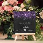 Carnet Guest book birthday black purple glitter monogram<br><div class="desc">A guestbook for a feminine and glamorous 21st (or any age) birthday party.  A stylish black background purple with gold glitter dust. Add your name,  age 21 and dates.</div>