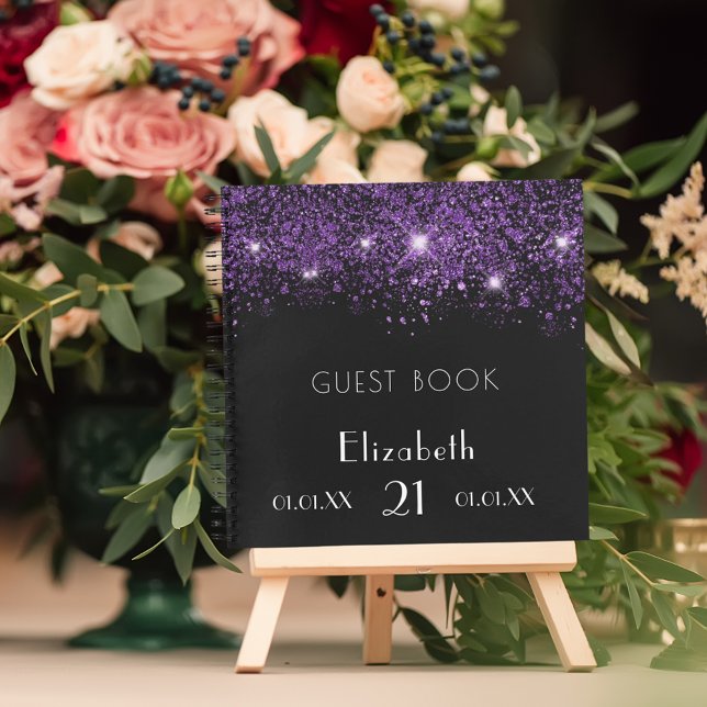 Carnet Guest book birthday black purple glitter monogram (Créateur téléchargé)
