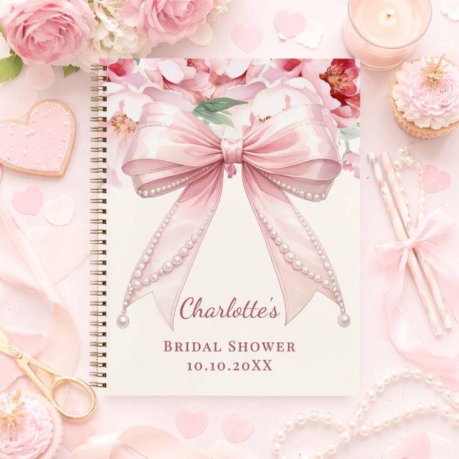 Carnet Guest book Bridal Shower pink bow florals pearls (Créateur téléchargé)