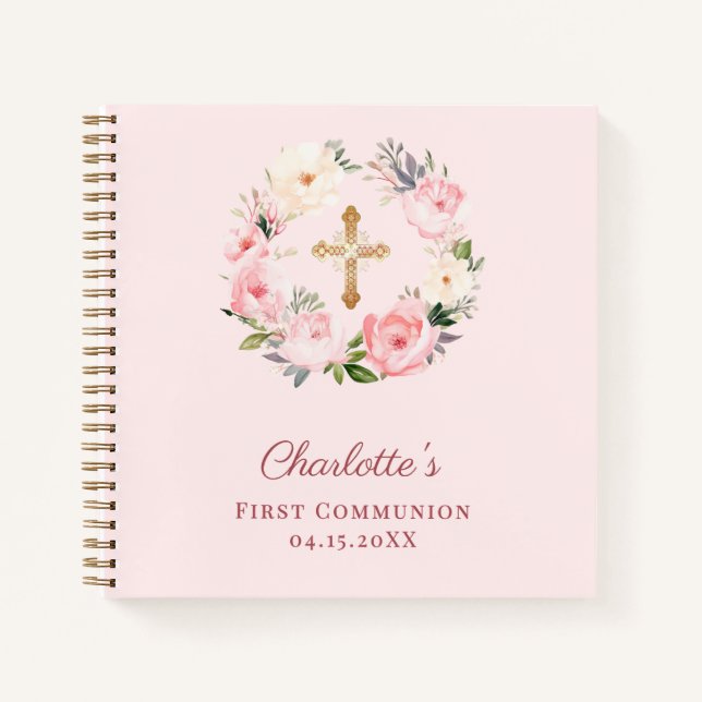 Carnet Guest book First Communion blush pink florals (Devant)