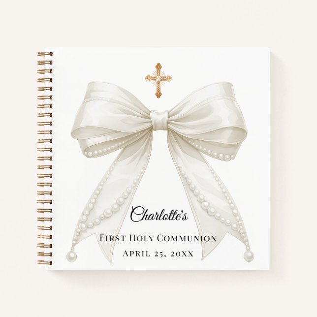 Carnet Guest book First Communion bow ivory white pearls (Devant)