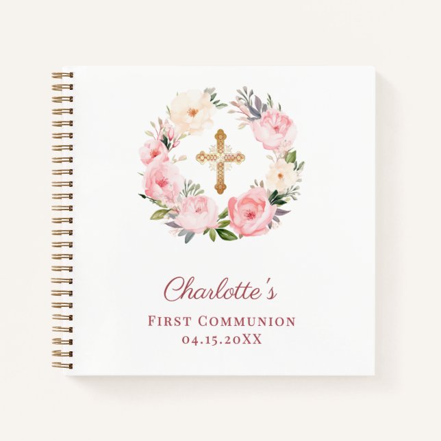 Carnet Guest book First Communion floral wreath pink (Devant)