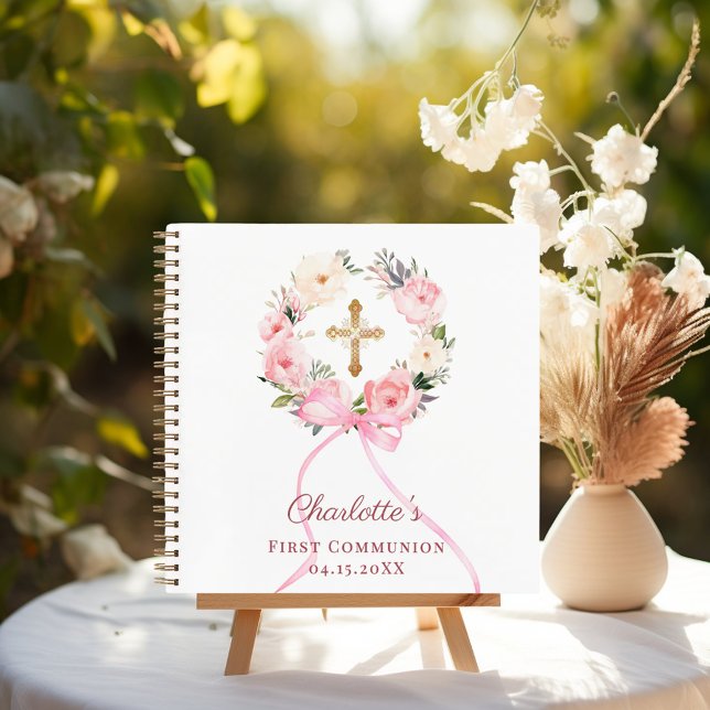 Carnet Guest book First Communion floral wreath pink bow (Créateur téléchargé)
