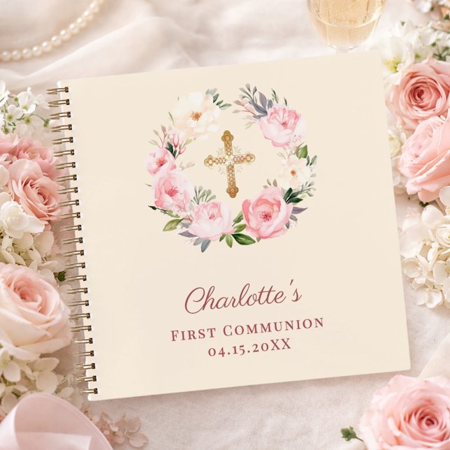 Carnet Guest book First Communion ivory blush pink floral (Créateur téléchargé)