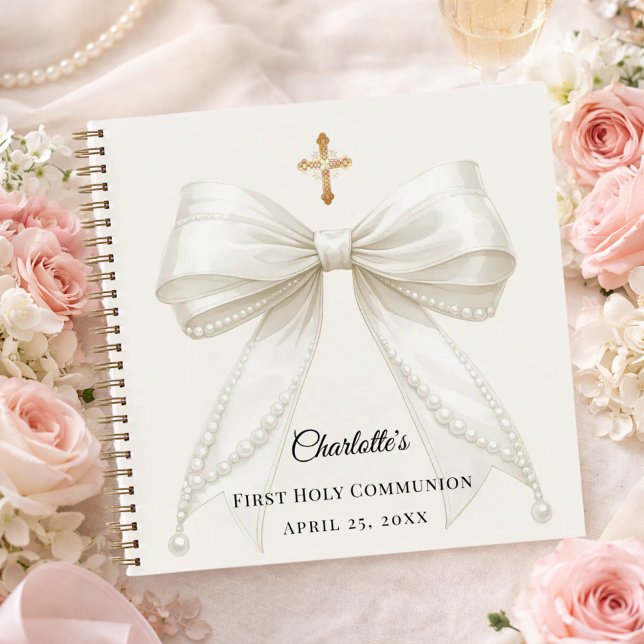 Carnet Guest book First Communion ivory bow pearls (Créateur téléchargé)