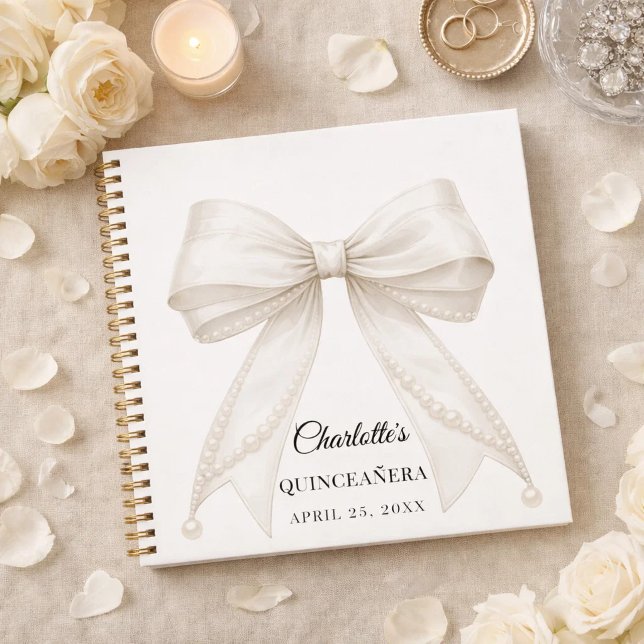 Carnet Guest book Quinceanera bow ivory white pearls (Créateur téléchargé)