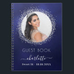 Carnet Guest book Sweet 16 navy blue silver photo<br><div class="desc">A guest book for a feminine and glamorous Sweet 16,  16th (or any age) birthday party.  A stylish navy blue background with faux silver glitter sparkles round the photo. The blue color is uneven. Add your name,  age,  date and a photo.</div>