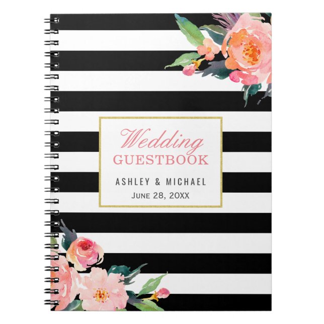 Carnet Guestbook floral de mariage de rayure blanche (Devant)