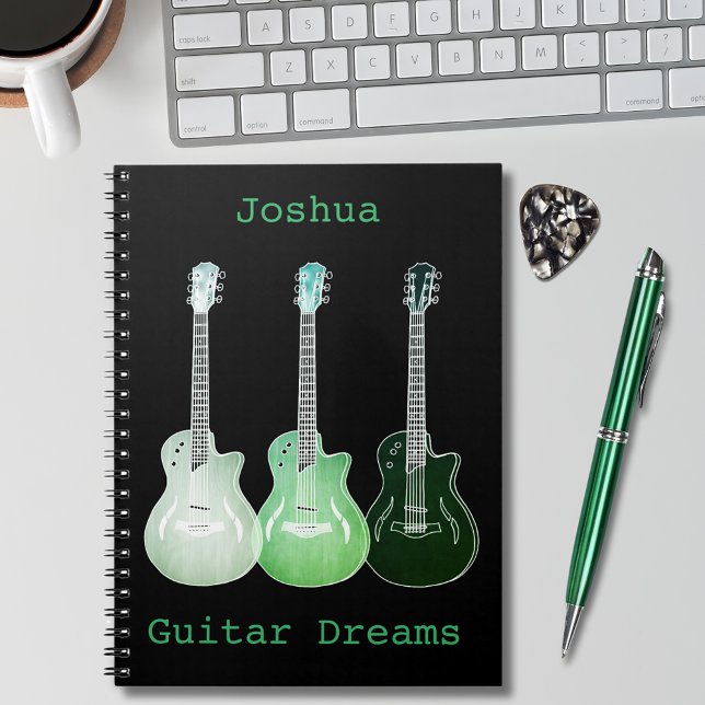 Carnet Guitare Art ajouter Nom Green Black Songwriting (guitar illustrations on black green pop art personalized notebook guitarist musician songwriting )