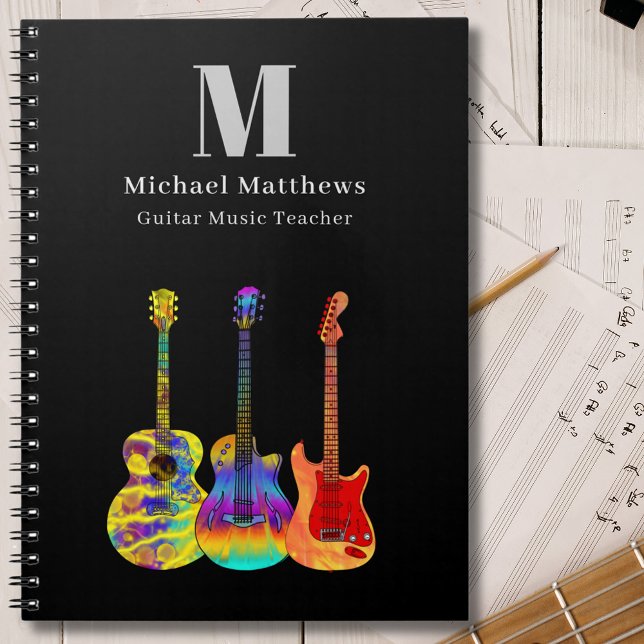 Carnet Guitare Enseignant leçons de musique sur mesure (Guitar teacher music business custom notebook with funky psychedelic guitars  personalized monogram)