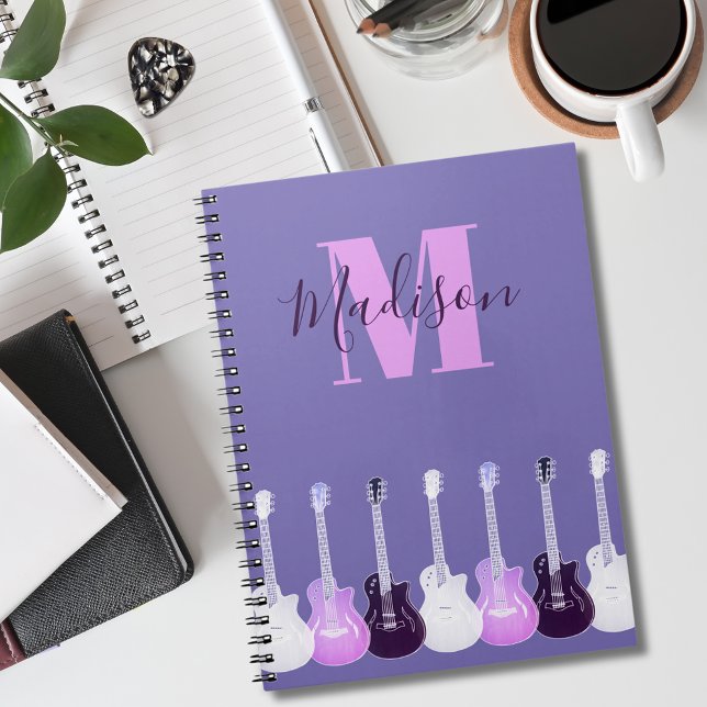 Carnet Guitare Monogramme rose violet (Guitar pattern pink & purple personalized monogram notebook for guitarist musician songwriting ideas)