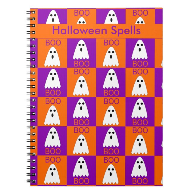 Carnet Halloween Boo Ghost Purple et Carrés orange (Devant)