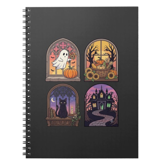 Carnet Halloween Gothique Fenêtre Fantôme Citrouille Chat (Devant)