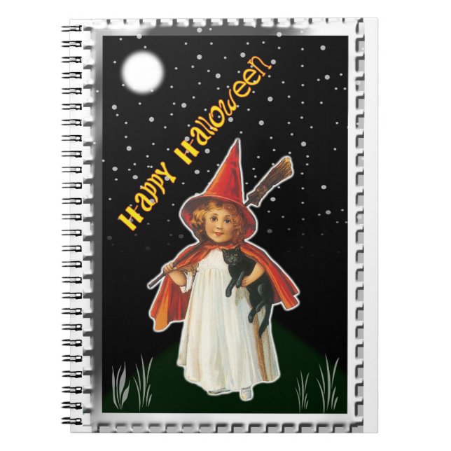 Carnet Halloween - Petite Fille avec Balai et Chat Noir (Devant)