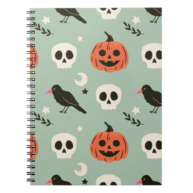 Carnet Halloween seamless pattern with ravens, skulls and (Devant)