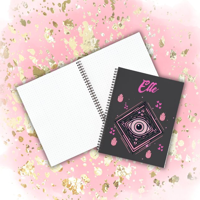 Carnet Hamsa main avec le mal oeil et les coeurs rose sur (Créateur téléchargé)