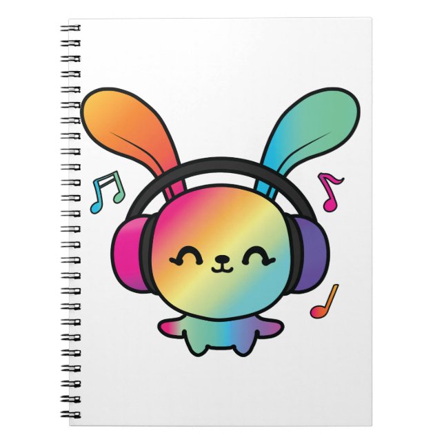 Carnet Happy Bunny avec écouteurs écoutant de la musique. (Devant)