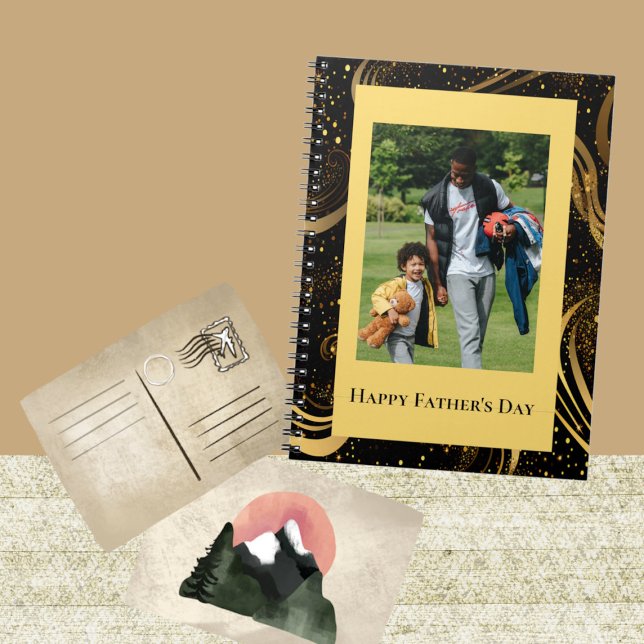 Carnet Happy Fête des pères Gold Leafy Black Swirls Photo (Happy Father's Day Gold Leafy Black Swirls Photo Notebook)