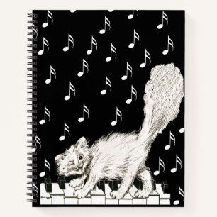 Carnet Happy Fluffy White Cat sur Piano Keys Notes musica
