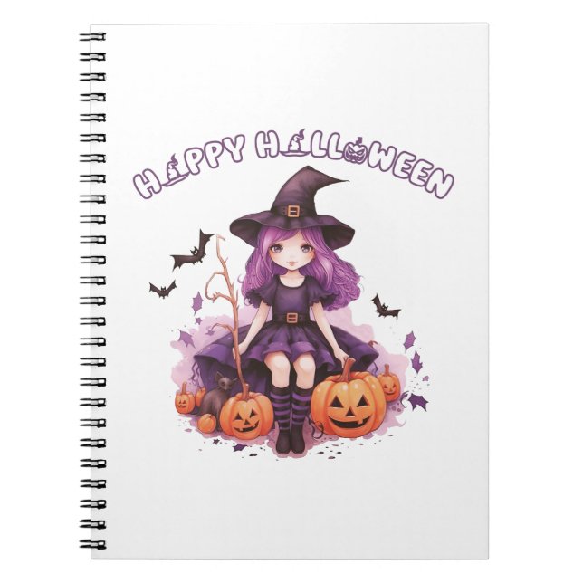 Carnet Happy Halloween violet sorcière Citrouilles et cha (Devant)